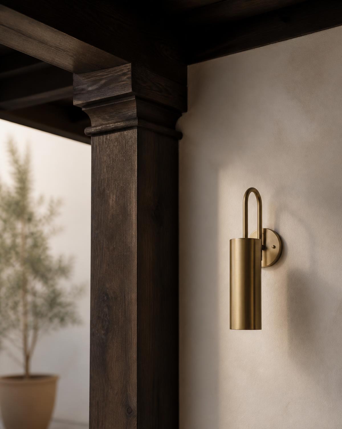 Architectural detail of an espresso porch column and brass sconce