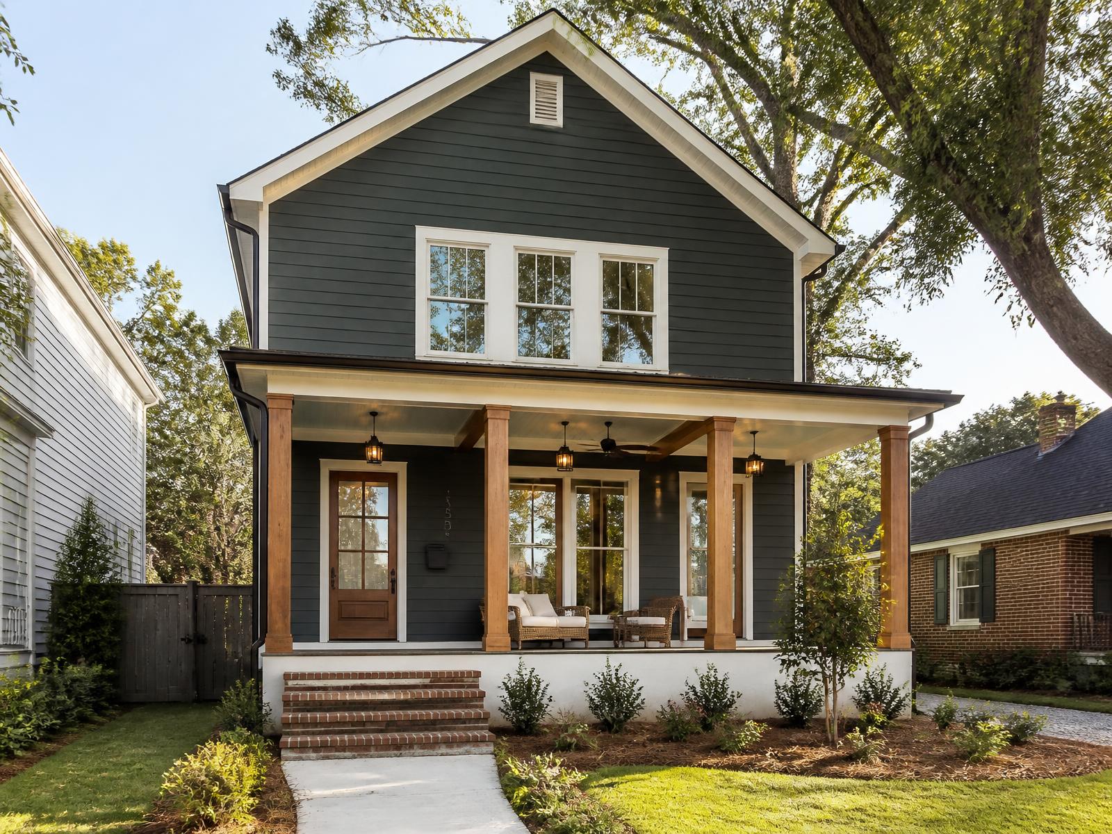 Newly built infill home on an established Louisiana neighborhood street
